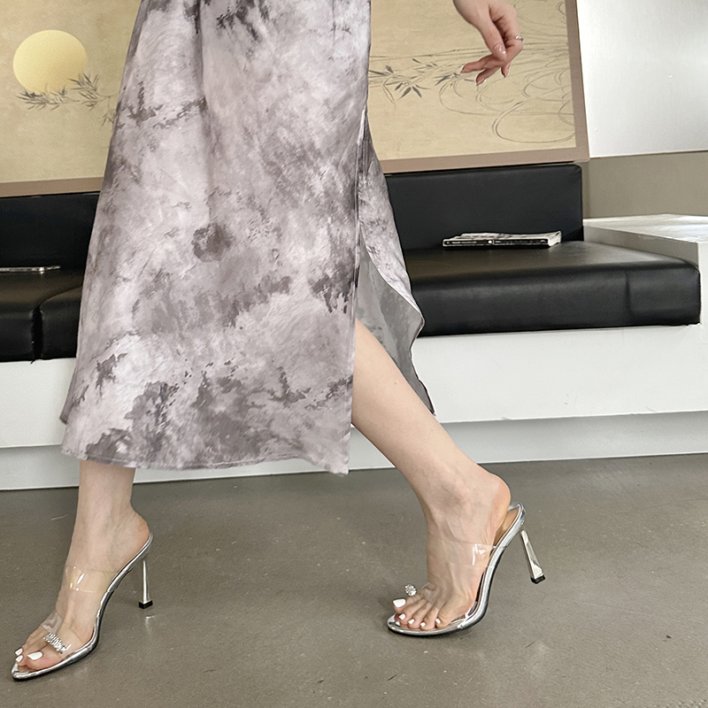2024 European American Fashion High Heel Sandals Simple Elegant Versatile Thin Heel Slippers Luxury Rhinestone Summer Open Toe Women Shoes - Image 3