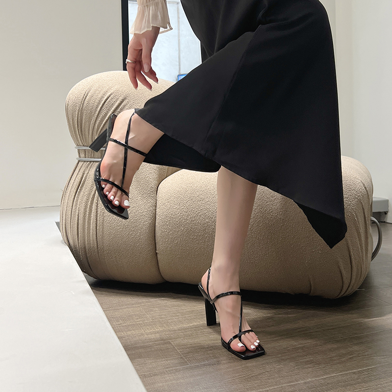 2024 Summer Fashion Thin Strap High Heel Sandals Elegant Simple Solid Color Square Toe Chunky Heel Open Toe Women Shoes - Image 4