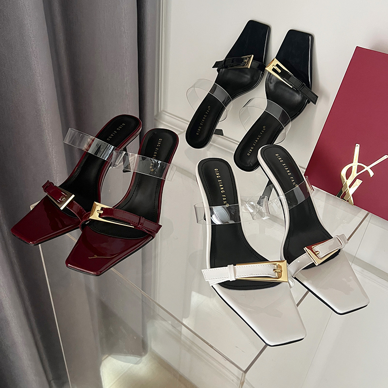 2024 Summer New European American Style High Heel Sandals Fashion Square Toe Metal Buckle Thin Heel Slippers