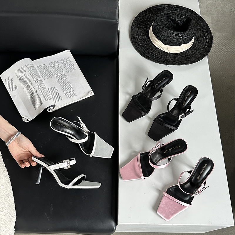 2024 Summer One-Strap Square Toe Open Toe High Heel Sandals Simple European and American Style Thin Heel Slippers