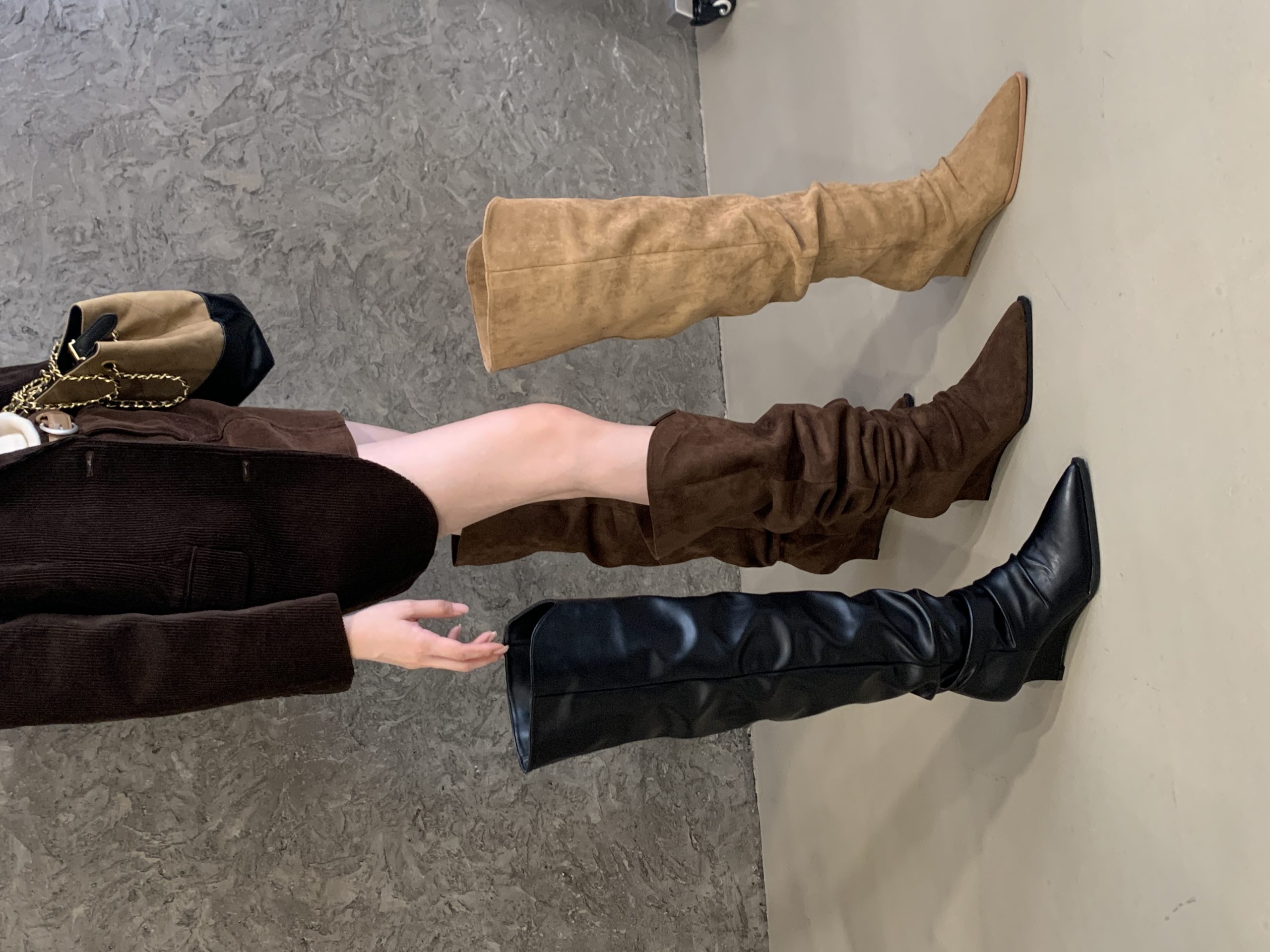 2025 Fashionable Khaki Maillard Boots for Women Brown Tall Boots Slim Pointed Toe Stacked High Boots