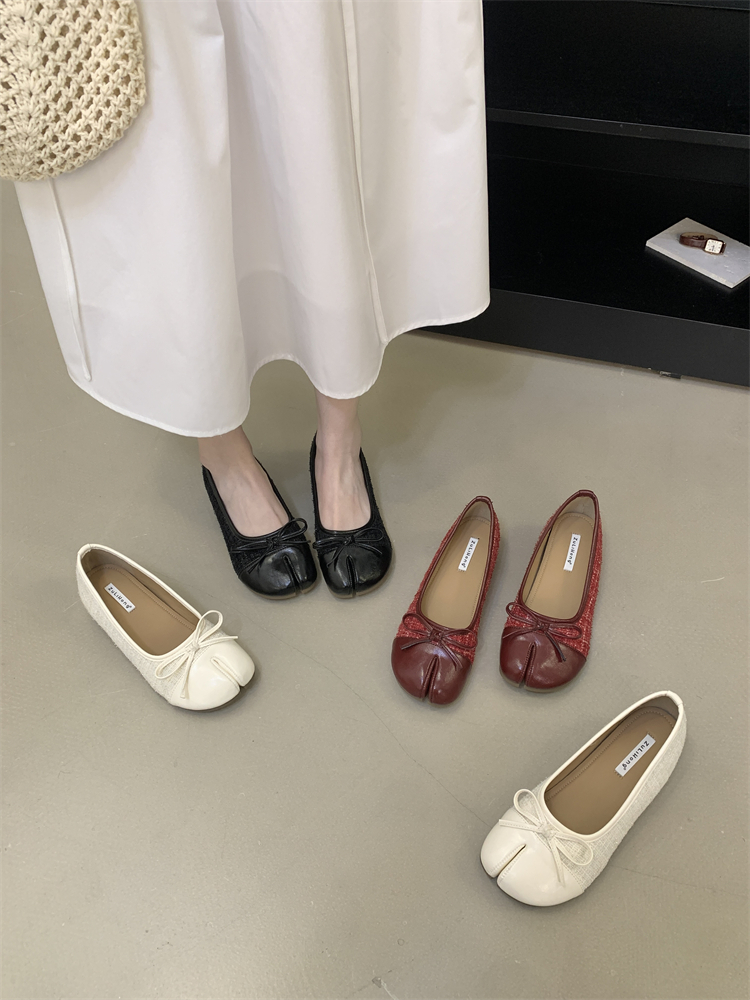 2026 Spring Korean Style Red Chunky Heel Ballet Flats for Women with Bow and Houndstooth Pattern