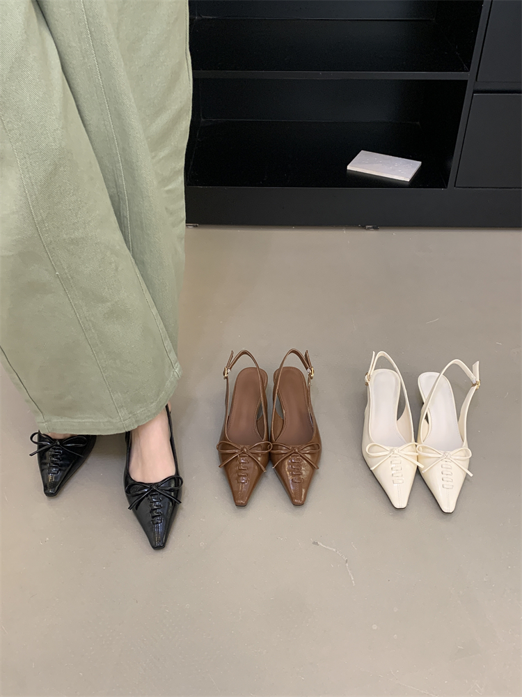2026 Spring New French Style Bow Pointed Toe Ankle Strap Low Heel Sandals for Women