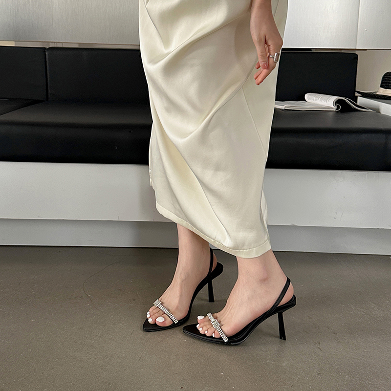 Black Satin Rhinestone One-Strap Sandals 2024 Summer New Style Thin Heel Pointed Toe Sexy Women's Shoes - Image 3