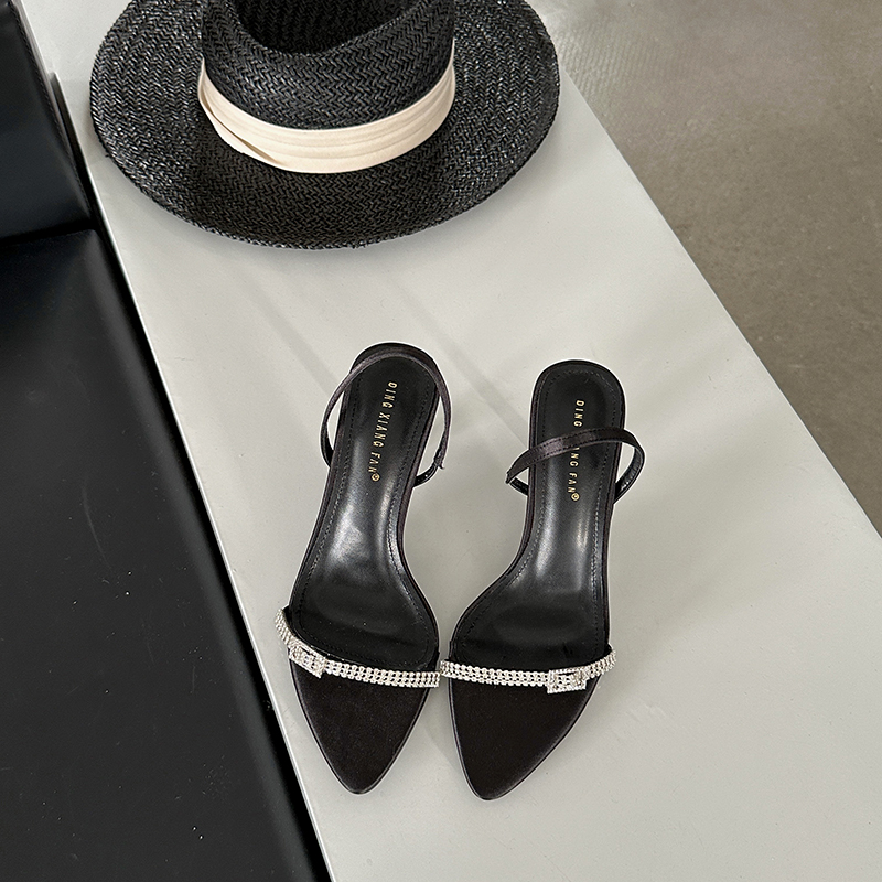 Black Satin Rhinestone One-Strap Sandals 2024 Summer New Style Thin Heel Pointed Toe Sexy Women's Shoes - Image 5