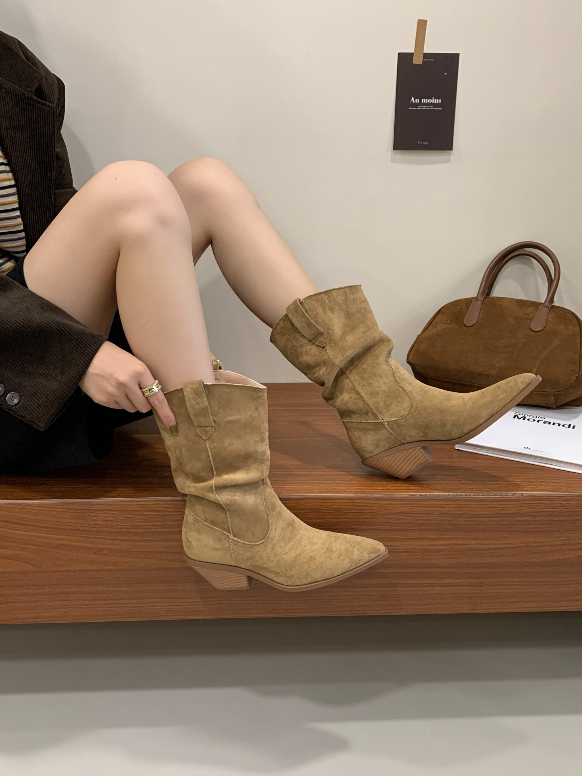 BUBUFLY 2026 Pointed Toe Cowgirl Boots for Women High Heel Vintage Knight Riding Boots Mid Calf