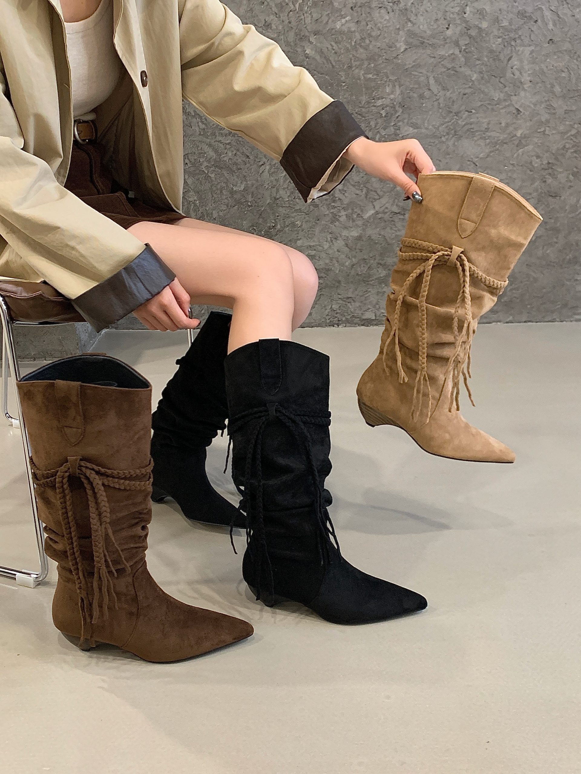 BUBUFLY Women's Suede Fringe Long Boots Khaki Western Boots Mid Heel