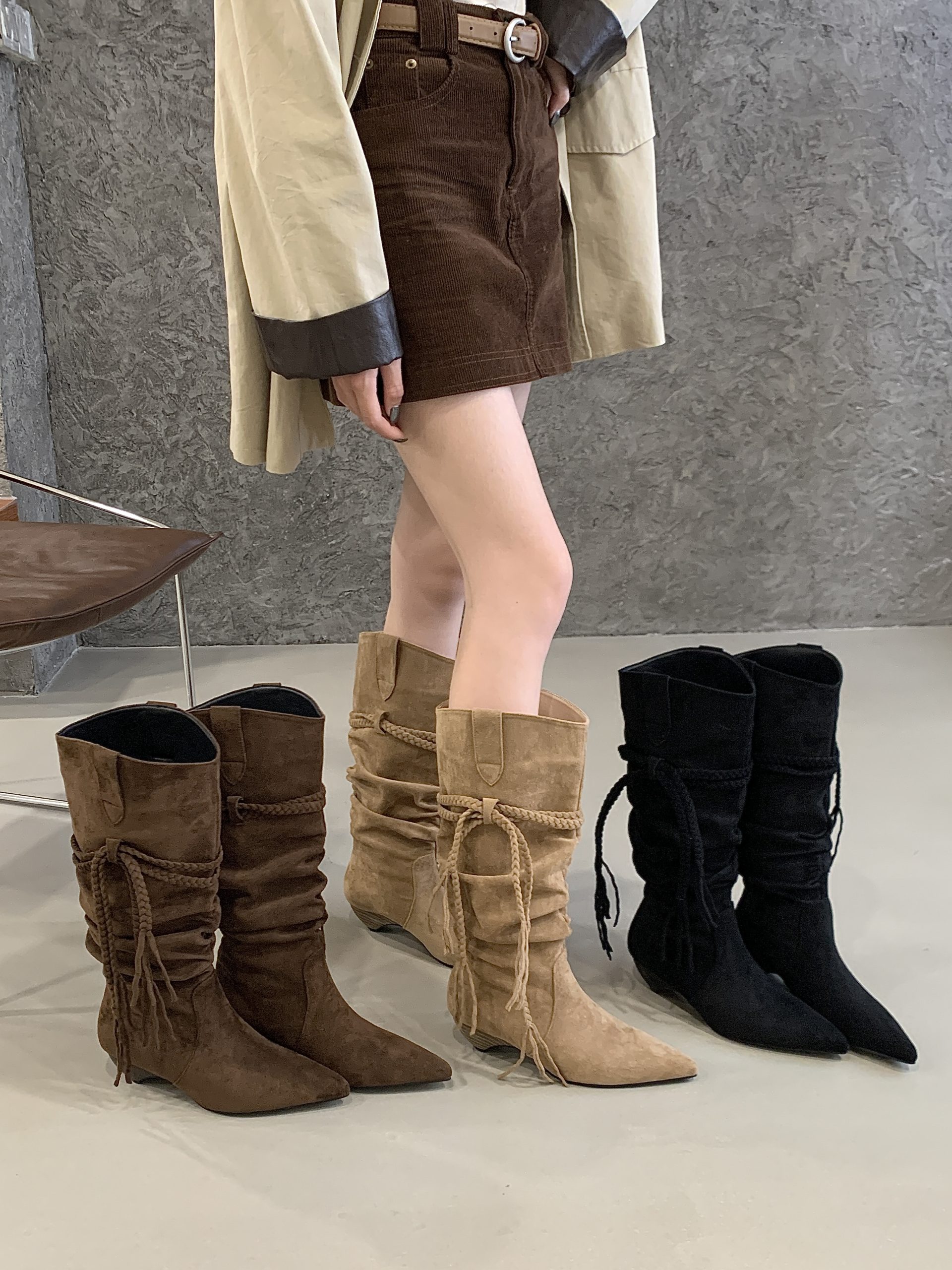 BUBUFLY Women's Suede Fringe Long Boots Khaki Western Boots Mid Heel - Image 4