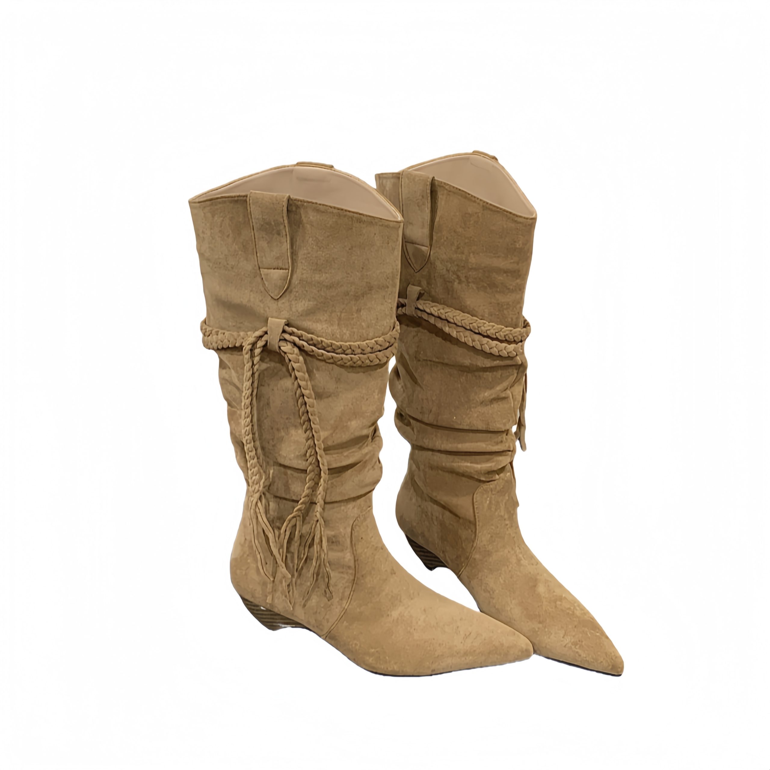 BUBUFLY Women's Suede Fringe Long Boots Khaki Western Boots Mid Heel - Image 5