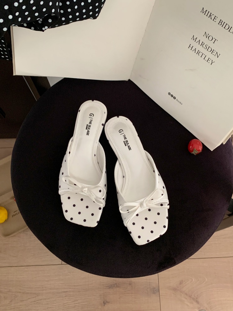 French Elegant Peep Toe Slippers for Women 2026 New Bow Low Heel Polka Dot One-Band Slippers - Image 3