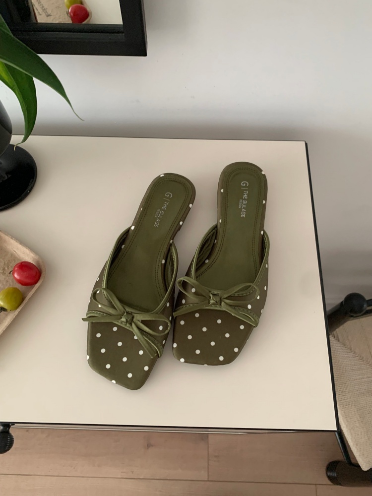 French Elegant Peep Toe Slippers for Women 2026 New Bow Low Heel Polka Dot One-Band Slippers - Image 4