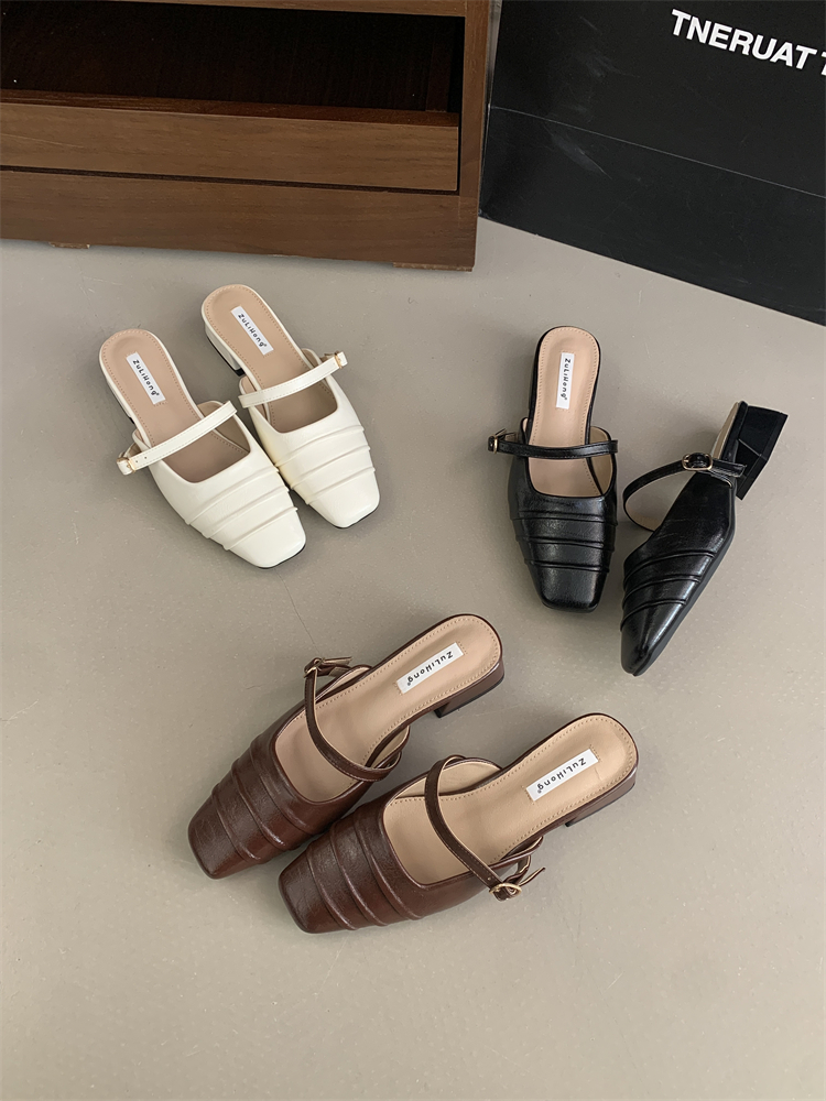 French Style Chunky Heel Slippers for Women 2026 Spring Summer One-Step Loafers Black Commuter Shoes