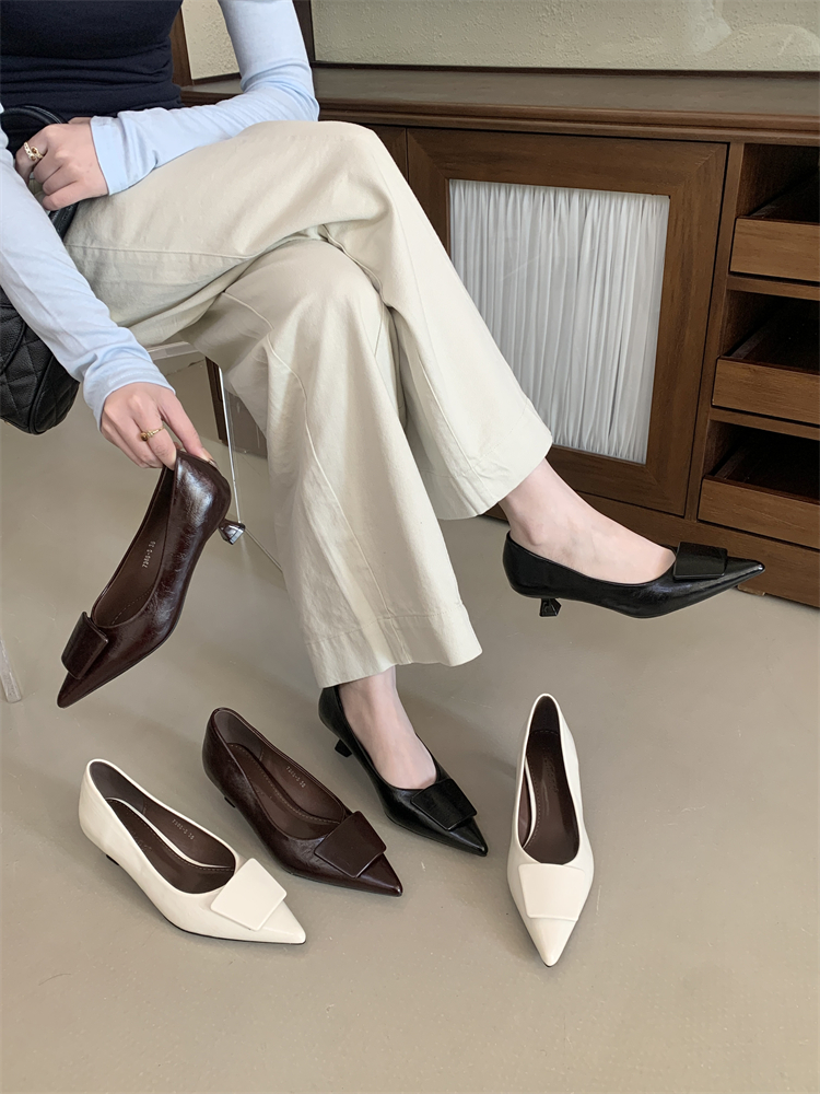 French Style Pointed Toe Low Heel Slip-On Shoes for Women - Commuter PU Leather Work Shoes with Square Buckle Decoration