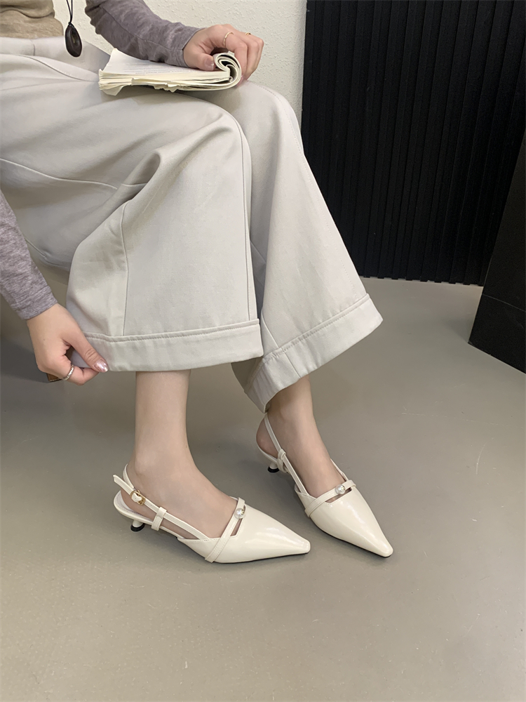 Pearl Decorated Pointed Toe Slingback Sandals for Women Kitten Heel Patent Leather Lightweight Daily Shoes - Image 4